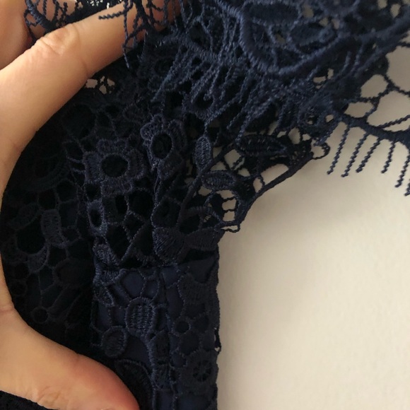 Monique Lhuillier Off The Shoulder Lace Midi Dress in Navy Blue Size 4 Lined - Picture 7 of 16